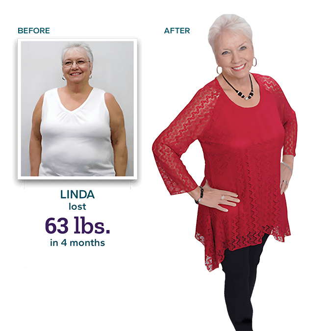Before-and-after weight-loss results for a female patient on Dr. Sattele's medical weight loss program at Rapid Weight Loss Centers in the Pee Dee and Grand Strand region of South Carolina.